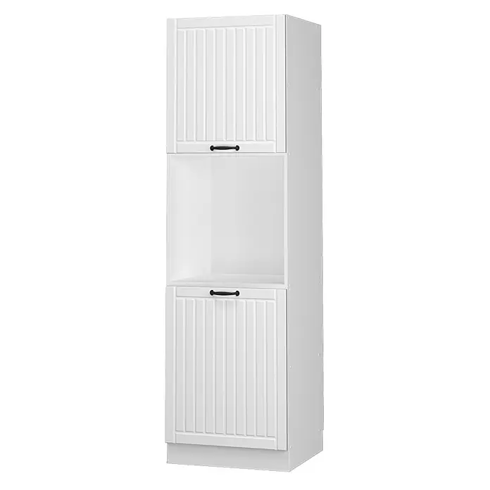 Vicco Schrankküche Fame-Line Weiß Landhaus offen - Weiß Landhaus, Herdumbauschrank hoch 60 cm - Weißer Hochschrank mit zwei Lamellentüren, schwarzen Griffen und offenem Mittelfach.
