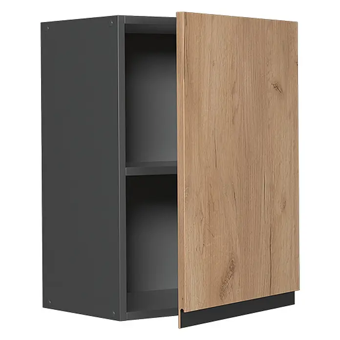 Vicco Schrankküche R-Line Goldkraft Eiche J-Shape - Goldkraft Eiche, Hängeschrank 45 cm grifflos - Dunkelgrauer Wandschrank mit offener heller Holzoptik-Tür und schwarzem Griff, zeigt ein Innenregal.