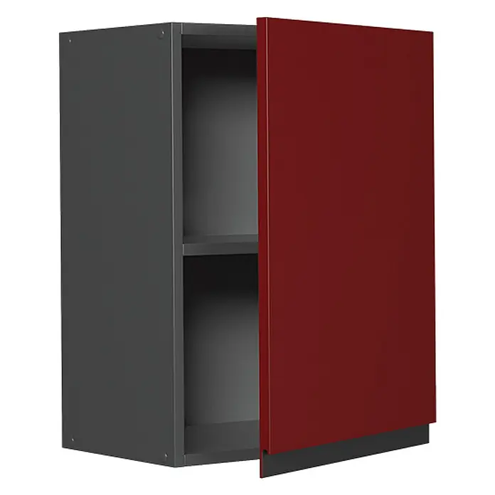 Vicco Schrankküche R-Line Rot J-Shape - Rot, Hängeschrank 45 cm grifflos - Dunkelgrauer Schrank mit offener, dunkelroter Tür und einer Innenablage. Die Tür hat eine integrierte Griffleiste.