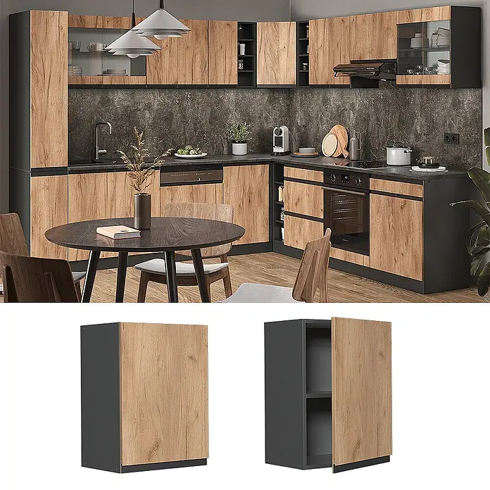 Vicco Schrankküche R-Line Goldkraft Eiche J-Shape - Goldkraft Eiche, Hängeschrank 45 cm grifflos - Moderne Küchenschränke: dunkelgraue Rahmen, helle Holzoptik-Türen. Gezeigt in verschiedenen Konfigurationen und als einzelner offener Schrank.