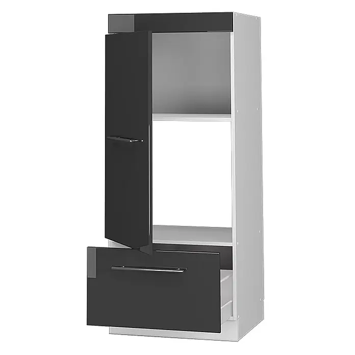 Vicco Schrankküche Fame-Line Anthrazit Hochglanz - Anthrazit Hochglanz, Mikrowellenschrank 60 cm (voll) - Hoher Schrank mit hellgrauem Korpus, dunkelgrauer Tür und Schublade, beide halb offen, mit Metallgriffen.