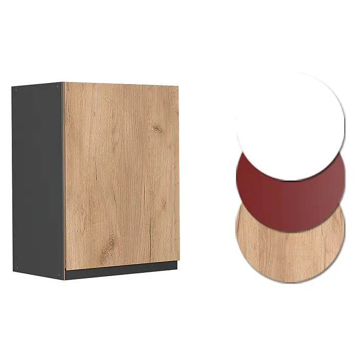 Vicco Schrankküche R-Line Goldkraft Eiche J-Shape - Goldkraft Eiche, Hängeschrank 45 cm grifflos - Schrankelement mit heller Holztür und dunkelgrauen Seiten, dazu Farbmuster in Weiß, Bordeaux und Holzdekor.