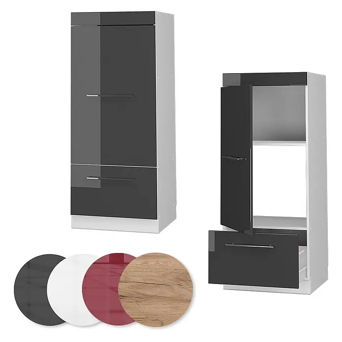 Vicco Schrankküche Fame-Line Anthrazit Hochglanz - Anthrazit Hochglanz, Mikrowellenschrank 60 cm (voll) - Hoher, glänzender dunkelgrauer Schrank mit Tür und Schublade, geschlossen und offen gezeigt, plus Farb-/Materialoptionen.