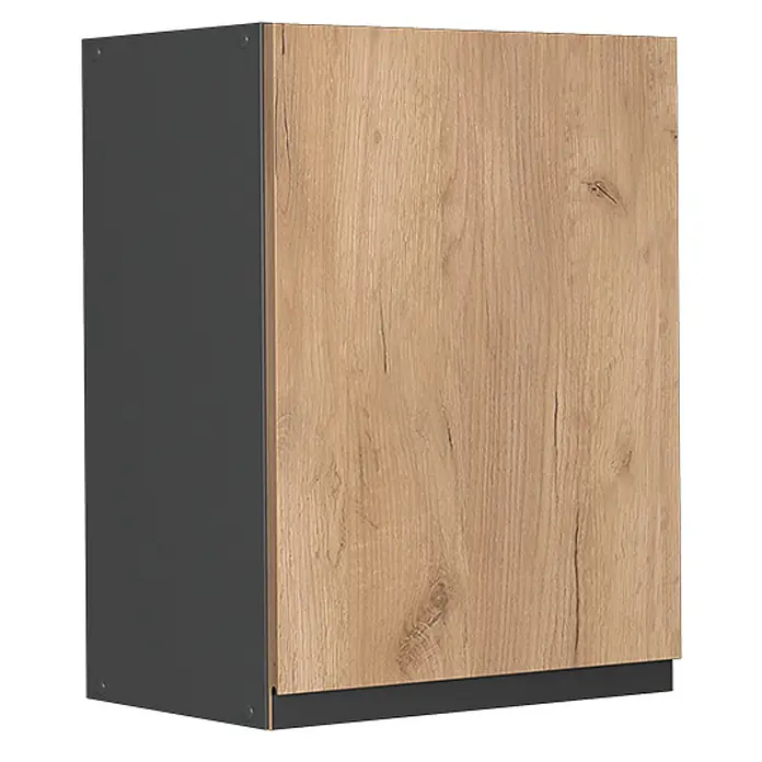 Vicco Schrankküche R-Line Goldkraft Eiche J-Shape - Goldkraft Eiche, Hängeschrank 45 cm grifflos - Schrank mit dunkelgrauem Korpus und heller Tür in Holzoptik.