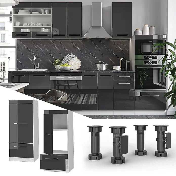 Vicco Schrankküche Fame-Line Anthrazit Hochglanz - Anthrazit Hochglanz, Mikrowellenschrank 60 cm (voll) - Modernes, modulares Küchensystem mit hochglänzenden, dunkelgrauen Schränken, mit Wand- und Unterschränken sowie integrierten Geräten.