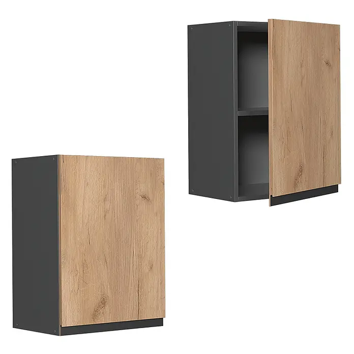 Vicco Schrankküche R-Line Goldkraft Eiche J-Shape - Goldkraft Eiche, Hängeschrank 45 cm grifflos - Zwei Küchenhängeschränke: einer geschlossen, einer offen. Mit dunkelgrauem Korpus und hellbraunen Eiche-Dekor-Türen mit Griffleisten.