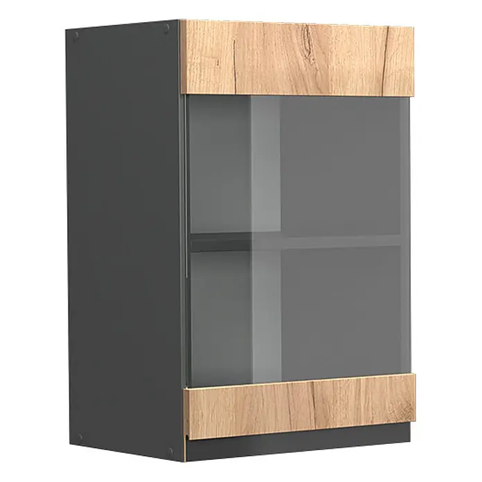 Vicco Schrankküche R-Line Goldkraft Eiche J-Shape - Goldkraft Eiche, Hängeglasschrank 40 cm grifflos - Dunkelgrauer Hängeschrank mit Holzober- und -unterseite, Glastür und Innenfächern.