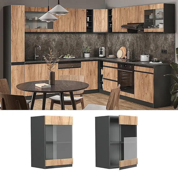 Vicco Schrankküche R-Line Goldkraft Eiche J-Shape - Goldkraft Eiche, Hängeglasschrank 40 cm grifflos - Moderne Küche mit Holzoptik- und dunkelgrauen Schränken. Inklusive zweifarbigem Vitrinenschrank mit Glastür.