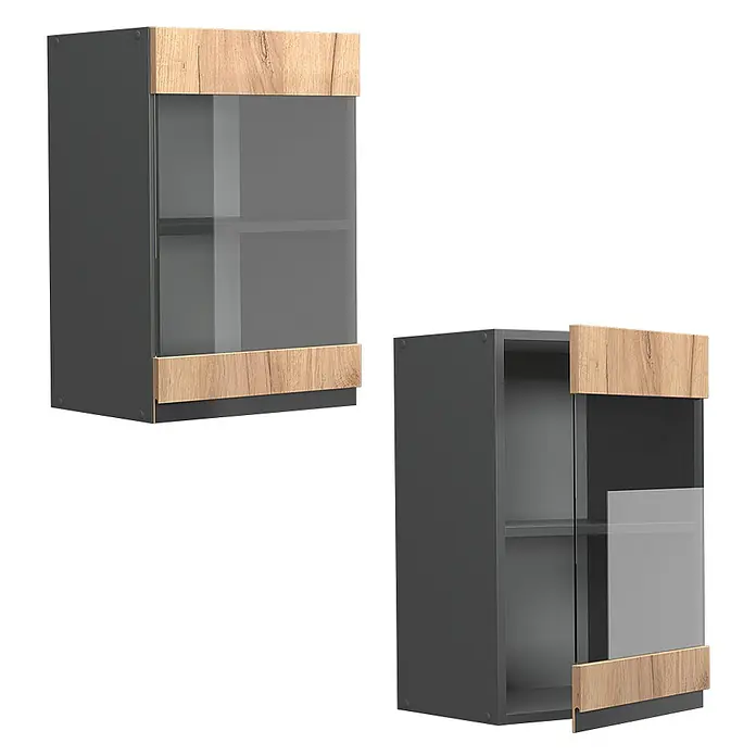 Vicco Schrankküche R-Line Goldkraft Eiche J-Shape - Goldkraft Eiche, Hängeglasschrank 40 cm grifflos - Dunkelgrauer Hängeschrank mit Holzoptik-Akzenten und teilweise verglaster Tür, geschlossen und offen dargestellt.