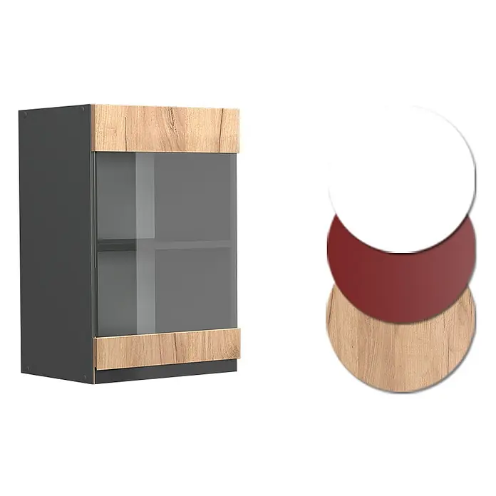 Vicco Schrankküche R-Line Goldkraft Eiche J-Shape - Goldkraft Eiche, Hängeglasschrank 40 cm grifflos - Dunkelgrauer Schrank mit hellen Holzplatten oben und unten und einer Glastür.