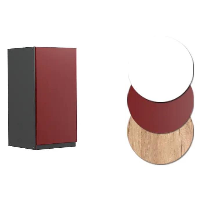 Vicco Schrankküche R-Line Rot J-Shape - Rot, Hängeschrank 30 cm grifflos - Dunkelgrauer Schrank mit roter Tür, gezeigt mit anpassbaren Oberflächenmustern: Weiß, Rot und hellem Holz.