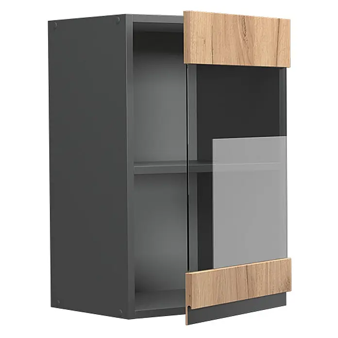 Vicco Schrankküche R-Line Goldkraft Eiche J-Shape - Goldkraft Eiche, Hängeglasschrank 40 cm grifflos - Dunkelgrauer Wandschrank mit Holzapplikationen und klarer Glastür, leicht geöffnet, um Innenfächer zu zeigen.