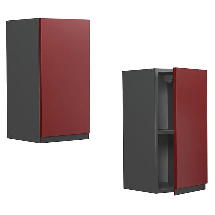 Vicco Schrankküche R-Line Rot J-Shape - Rot, Hängeschrank 30 cm grifflos - Zwei dunkelgraue Küchenhängeschränke mit roten Türen, einer geschlossen, einer offen mit Regal.