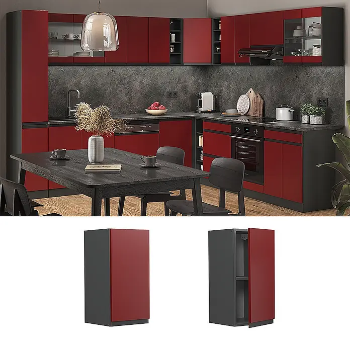 Vicco Schrankküche R-Line Rot J-Shape - Rot, Hängeschrank 30 cm grifflos - Roter und dunkelgrauer Küchenunterschrank, geschlossen und offen mit Einlegeboden gezeigt, Teil einer kompletten Küche.