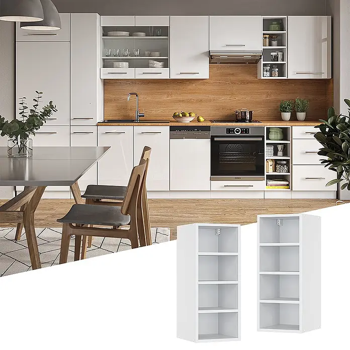Vicco Schrankküche Fame-Line Weiß - Weiß, Regalhängeschrank 30 cm - Zwei weiße modulare offene Regaleinheiten mit drei Ablagen.