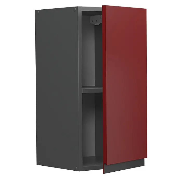 Vicco Schrankküche R-Line Rot J-Shape - Rot, Hängeschrank 30 cm grifflos - Dunkelgrauer Wandschrank mit offener dunkelroter Tür und einem Einlegeboden.