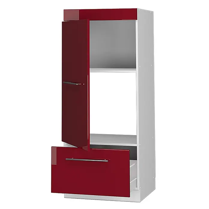 Vicco Schrankküche Fame-Line Bordeaux Hochglanz - Bordeaux Hochglanz, Mikrowellenschrank 60 cm (voll) - Hoher Küchenschrank mit glänzenden roten Türen, eine offen, und eine offene Schublade.
