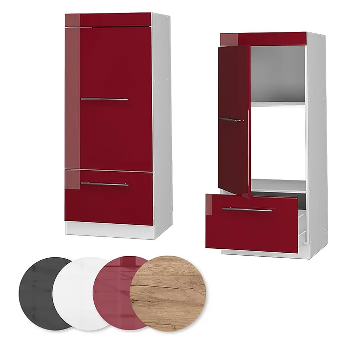 Vicco Schrankküche Fame-Line Bordeaux Hochglanz - Bordeaux Hochglanz, Mikrowellenschrank 60 cm (voll) - Zwei hohe, schmale Schränke mit glänzend roten Fronten und silbernen Griffen; einer geöffnet, einer geschlossen. Farbmuster: Schwarz, Weiß, Rot, Holzdekor.