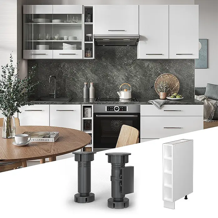 Vicco Schrankküche Fame-Line Weiß ohne Arbeitsplatte - Weiß, Regalunterschrank 15 cm - Verstellbare dunkelgraue Kunststoff-Schrankfüße und schmales weißes offenes Regalmodul.