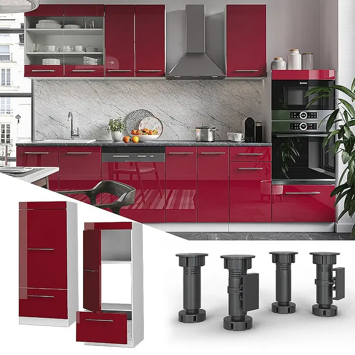 Vicco Schrankküche Fame-Line Bordeaux Hochglanz - Bordeaux Hochglanz, Mikrowellenschrank 60 cm (voll) - Rote Hochglanzküche mit integrierten Geräten; separate Schrankmodule und verstellbare Füße gezeigt.