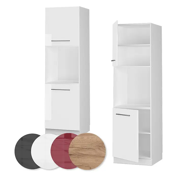 Vicco Schrankküche Fame-Line Weiß Hochglanz mit offenem Regal - Weiß Hochglanz, Herdumbauschrank hoch 60 cm - Zwei hohe weiße Küchenschränke, einer mit offener Gerätenische und geschlossenen Türen, der andere mit offener Tür und Regalen. Farbmuster.