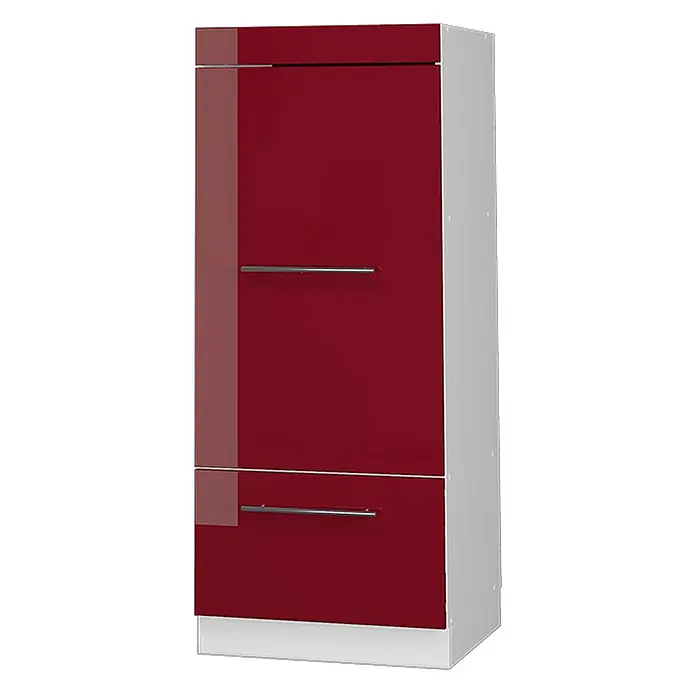 Vicco Schrankküche Fame-Line Bordeaux Hochglanz - Bordeaux Hochglanz, Mikrowellenschrank 60 cm (voll) - Hoher, schmaler hochglänzender roter Schrank mit zwei silbernen Griffen, grauen Seiten und Sockel.