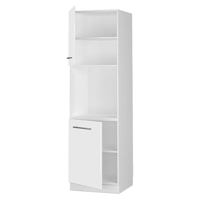 Vicco Schrankküche Fame-Line Weiß Hochglanz mit offenem Regal - Weiß Hochglanz, Herdumbauschrank hoch 60 cm - Hoher weißer Aufbewahrungsschrank mit offenen Fächern und zwei Türen mit silbernen Griffen.