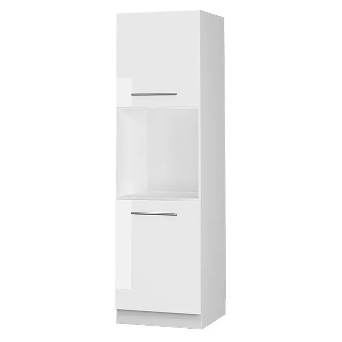 Vicco Schrankküche Fame-Line Weiß Hochglanz mit offenem Regal - Weiß Hochglanz, Herdumbauschrank hoch 60 cm - Weißer Hochschrank mit glänzender Oberfläche, zwei Türen, offenem Fach und Metallgriffen.
