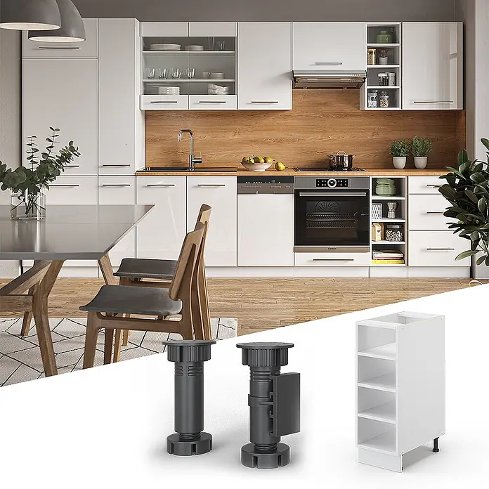 Vicco Schrankküche Fame-Line Weiß ohne Arbeitsplatte - Weiß, Regalunterschrank 30 cm - Verstellbare dunkelgraue Schranksockel und ein schmaler weißer Modulschrank, eingesetzt in einer modernen Küche.
