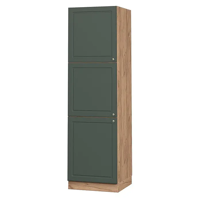 Vicco Schrankküche Fame-Line Grün-Gold Landhaus - Grün-Gold Landhaus, Vorratsschrank 60 cm - Hoher Aufbewahrungsschrank mit drei dunkelgrünen Paneeltüren und Seiten in heller Holzoptik.