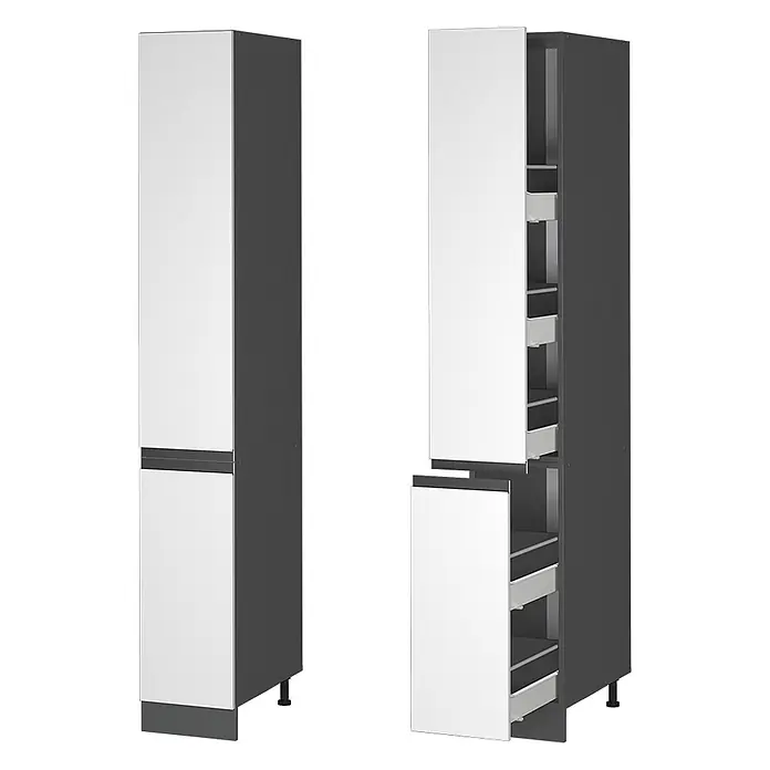 Vicco Apothekerschrank R-Line, Weiß, 30 cm -  - Hoher dunkelgrauer Vorratsschrank mit weißen Türen, geschlossen und offen, zeigt ausziehbare Schubladen.