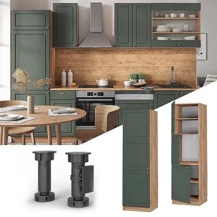 Vicco Schrankküche Fame-Line Grün-Gold Landhaus - Grün-Gold Landhaus, Vorratsschrank 60 cm - Dunkelgrüne Küchenschränke mit Holz Akzenten und verstellbaren schwarzen Möbelfüßen.