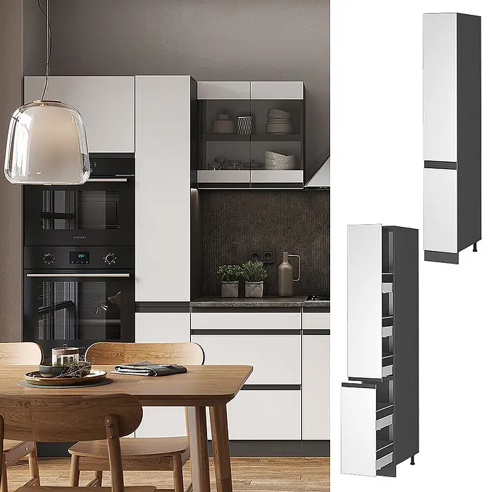 Vicco Apothekerschrank R-Line, Weiß, 30 cm -  - Hoher weiß-dunkelgrauer Küchen-Vorratschrank, geschlossen und geöffnet mit internen Auszugregalen.