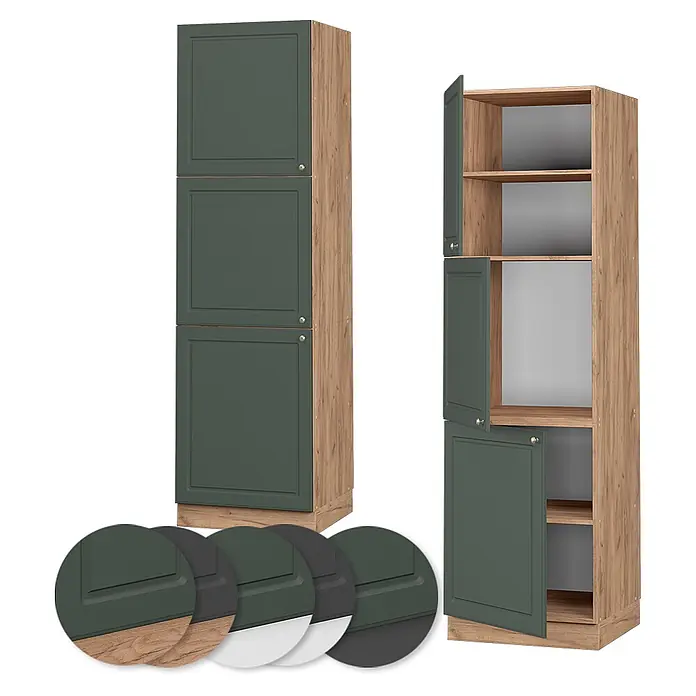 Vicco Schrankküche Fame-Line Grün-Gold Landhaus - Grün-Gold Landhaus, Vorratsschrank 60 cm - Hoher modularer Küchenschrank mit dunkelgrünen Türen und hellem Holzdekorrahmen, geschlossen und offen mit Regalen gezeigt.