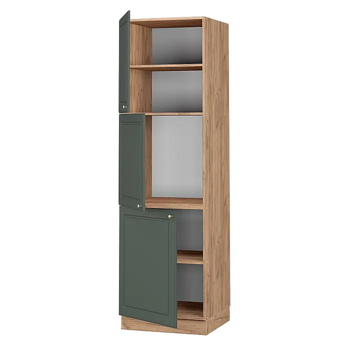 Vicco Schrankküche Fame-Line Grün-Gold Landhaus - Grün-Gold Landhaus, Vorratsschrank 60 cm - Hoher Schrank in Holzoptik mit dunkelgrünen Kassetten-Türen und offenen Regalen, der Stauraum zeigt.
