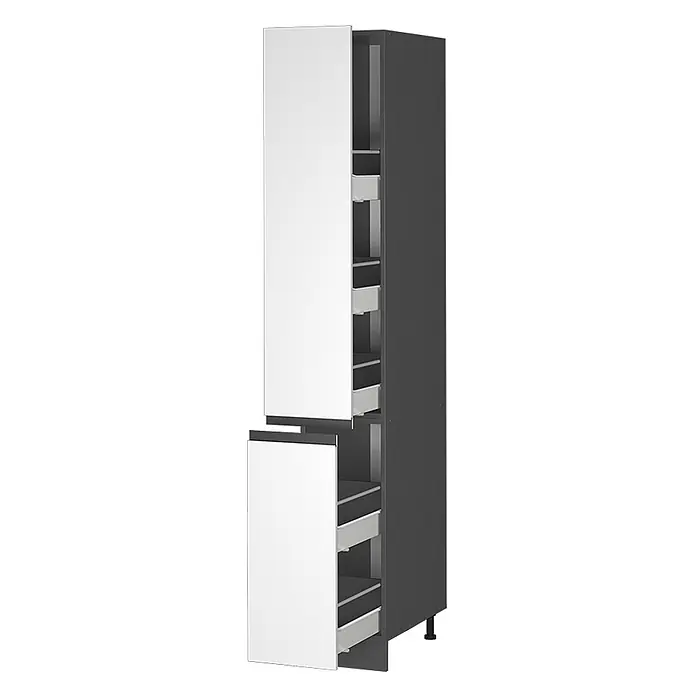 Vicco Apothekerschrank R-Line, Weiß, 30 cm -  - Hoher Vorratsschrank mit weißen Türen und dunkelgrauem Innenraum, mit mehreren teiloffenen Auszugsschubladen. Steht auf verstellbaren Füßen.