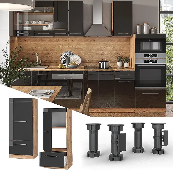 Vicco Schrankküche Fame-Line Anthrazit Hochglanz - Anthrazit Hochglanz, Mikrowellenumbauschrank 60 cm - Moderne Küche mit hochglanzschwarzen Schränken, Arbeitsplatte & Rückwand aus Holz. Zeigt auch modulare Schrankelemente & schwarze verstellbare Beine.
