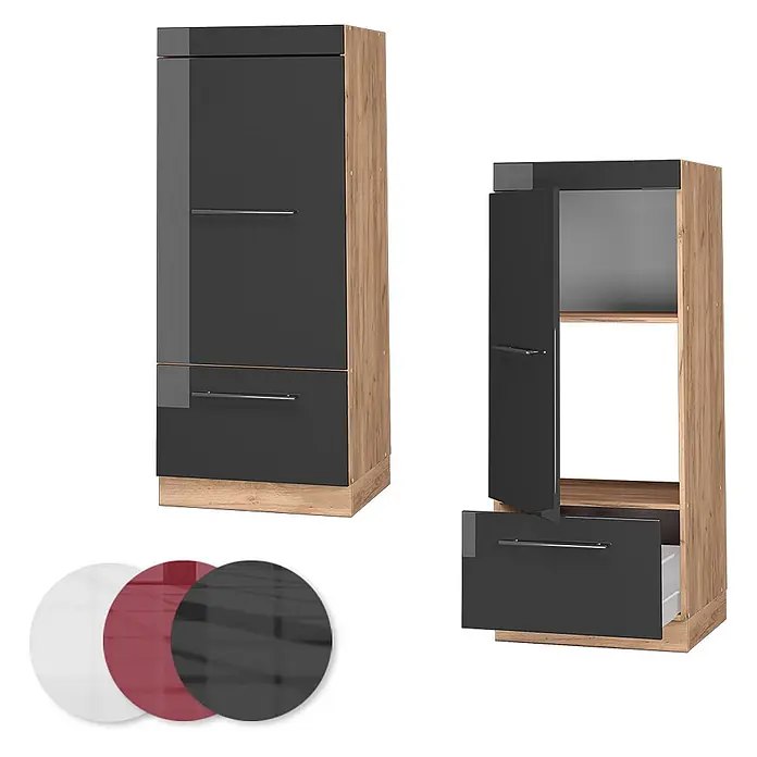Vicco Schrankküche Fame-Line Anthrazit Hochglanz - Anthrazit Hochglanz, Mikrowellenumbauschrank 60 cm - Hoher Schrank mit Holzoptikrahmen und dunkelgrau glänzenden Tür- und Schubladenfronten, geschlossen und offen dargestellt.