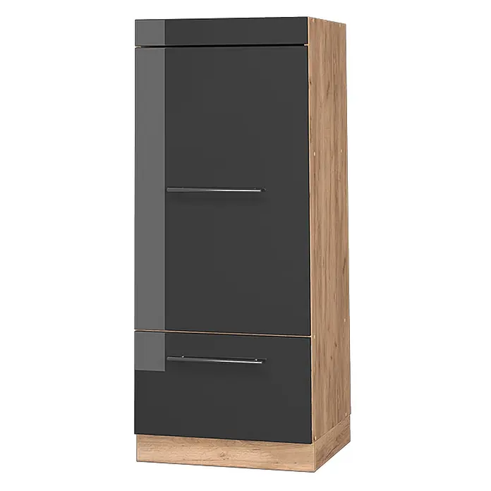 Vicco Schrankküche Fame-Line Anthrazit Hochglanz - Anthrazit Hochglanz, Mikrowellenumbauschrank 60 cm - Hoher Schrank mit glänzenden dunkelgrauen Türen, Seiten und Sockel in heller Holzoptik und zwei silbernen Griffen.