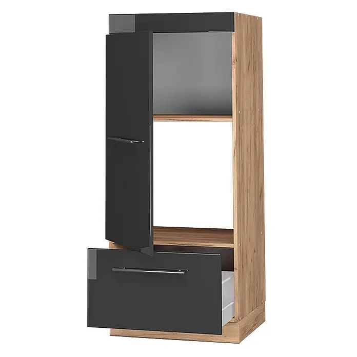 Vicco Schrankküche Fame-Line Anthrazit Hochglanz - Anthrazit Hochglanz, Mikrowellenumbauschrank 60 cm - Hoher Schrank mit Holzoptikrahmen und dunkelgrauen Türen. Obere Tür leicht geöffnet, untere Schublade teilweise offen.