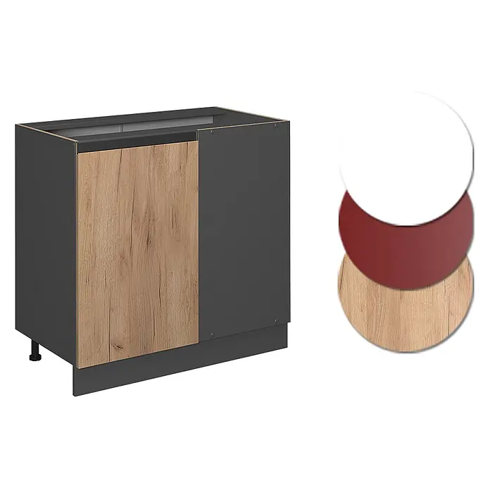 Vicco Schrankküche R-Line Goldkraft Eiche J-Shape, AP Eiche - Goldkraft Eiche, Eckunterschrank 86 cm grifflos AP Eiche - Dunkelgrauer Küchenunterschrank mit heller Holztür.