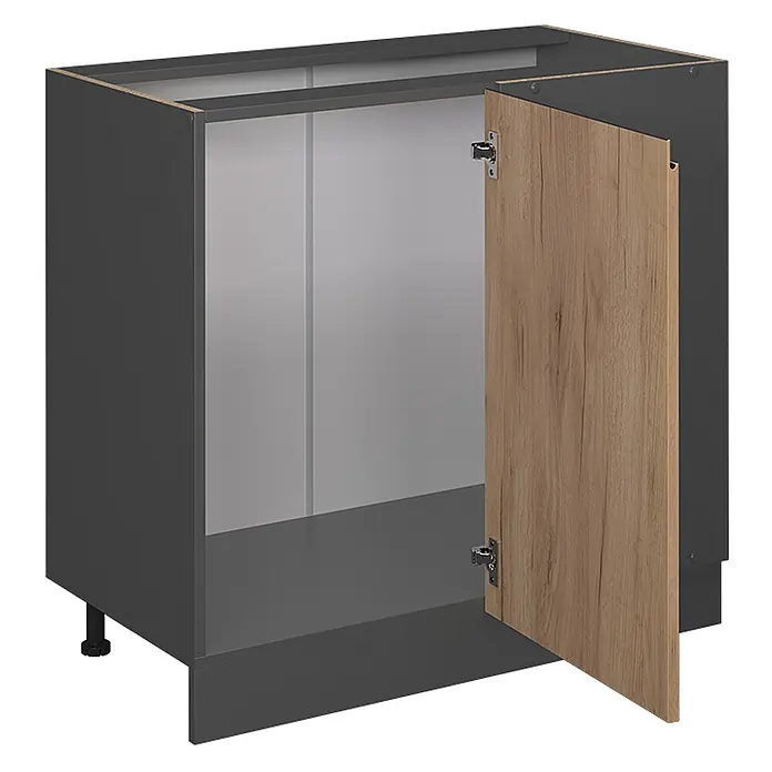 Vicco Schrankküche R-Line Goldkraft Eiche J-Shape, AP Eiche - Goldkraft Eiche, Eckunterschrank 86 cm grifflos AP Eiche - Dunkelgrauer Unterschrank mit hellbrauner Holzeffekt-Tür, leicht geöffnet. Verstellbare Füße.