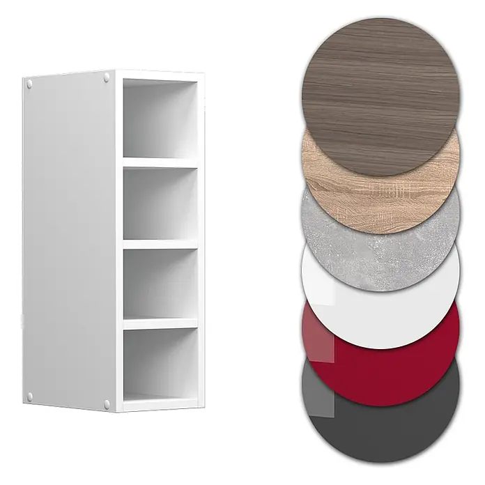 Vicco Schrankküche R-Line Weiß - Weiß, Regalhängeschrank 20 cm - Weißes modulares Regal mit vier Fächern, präsentiert mit Materialmustern: Holz, Beton, Weiß, Rot, Dunkelgrau.