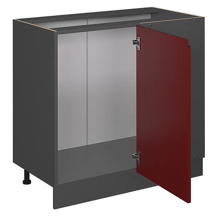 Vicco Schrankküche R-Line Rot J-Shape, AP Eiche - Rot, Eckunterschrank 86 cm grifflos AP Eiche - Dunkelgrauer Küchenunterschrank mit offener roter Tür, der einen hellgrauen Innenraum zeigt.