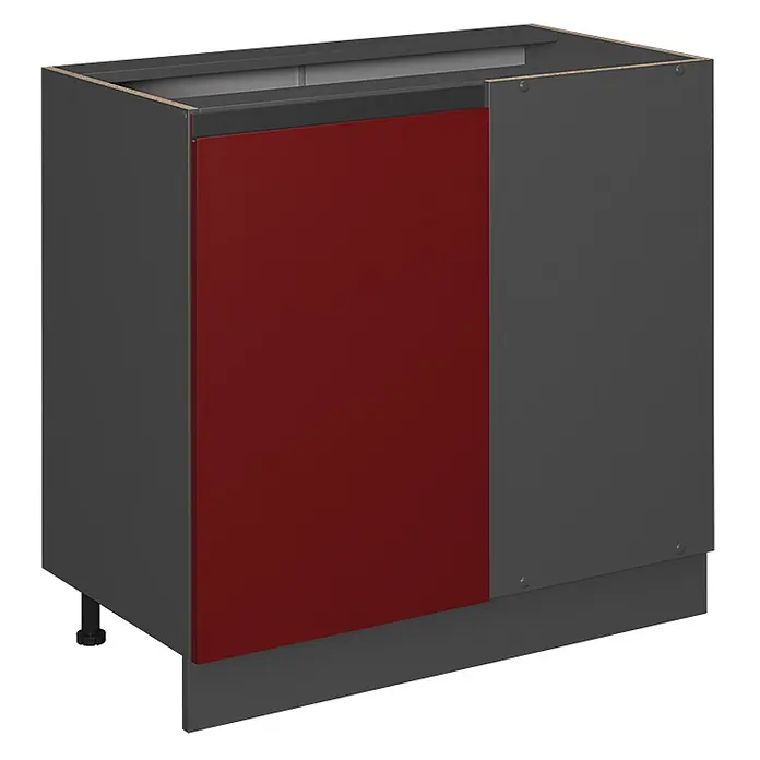 Vicco Schrankküche R-Line Rot J-Shape, ohne Arbeitsplatte - Rot, Eckunterschrank 86 cm grifflos - Dunkelgrauer Küchenunterschrank mit roter Tür und Sockelleiste.