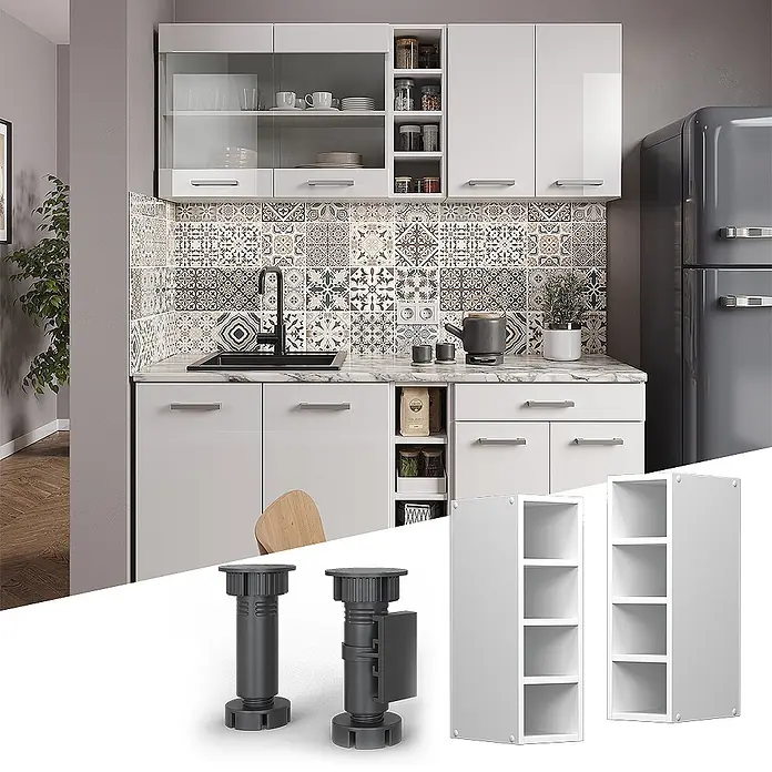 Vicco Schrankküche R-Line Weiß - Weiß, Regalhängeschrank 20 cm - Eine moderne, weiße Hochglanz-Modulküche mit integrierter Spüle. Komponenten wie verstellbare Schrankbeine und offene Regale sind ebenfalls abgebildet.