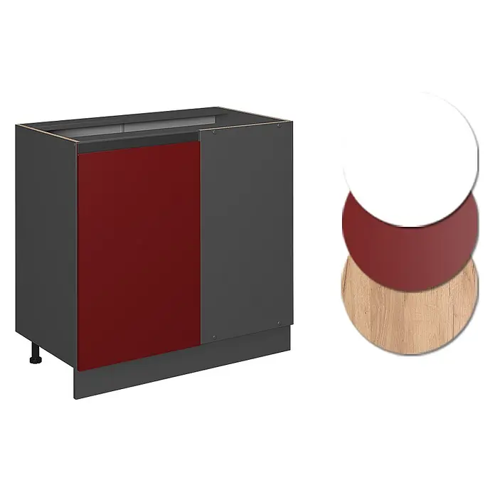 Vicco Schrankküche R-Line Rot J-Shape, ohne Arbeitsplatte - Rot, Eckunterschrank 86 cm grifflos - Kücheneckschrank in Dunkelgrau mit roter Tür, gezeigt mit weißen, roten und Holzdekor-Optionen.