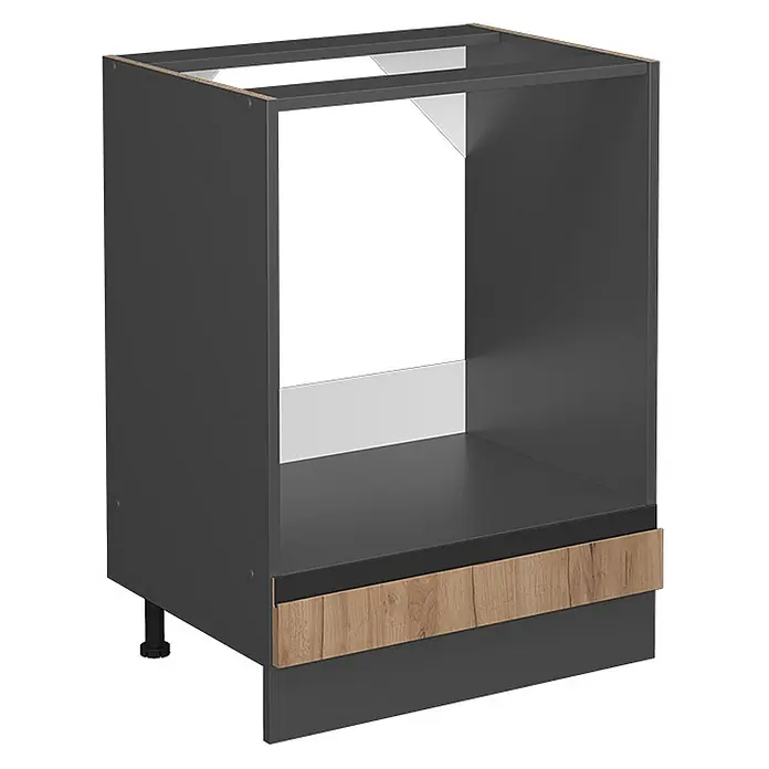 Vicco Schrankküche R-Line Goldkraft Eiche J-Shape, ohne Arbeitsplatte - Goldkraft Eiche, Herdumbauschrank 60 cm grifflos - Dunkelgrauer Küchenunterschrank mit Gerätenische, Holzdekorleiste und verstellbaren Füßen.