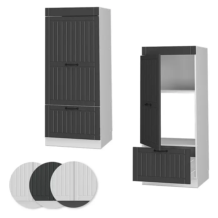 Vicco Schrankküche Fame-Line Anthrazit Landhaus - Anthrazit Landhaus, Mikrowellenschrank 60 cm (voll) - Hoher Schrank mit dunkelgrauen Lamellentüren, einer geschlossen, einer offen mit Regalen. Farbmuster enthalten.