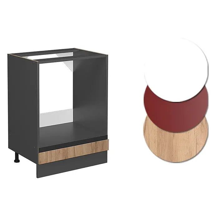 Vicco Schrankküche R-Line Goldkraft Eiche J-Shape, ohne Arbeitsplatte - Goldkraft Eiche, Herdumbauschrank 60 cm grifflos - Dunkelgrauer Küchenunterschrank mit Holzoptik-Akzentleiste und Materialmustern (weiß, rot, Holzmaserung).